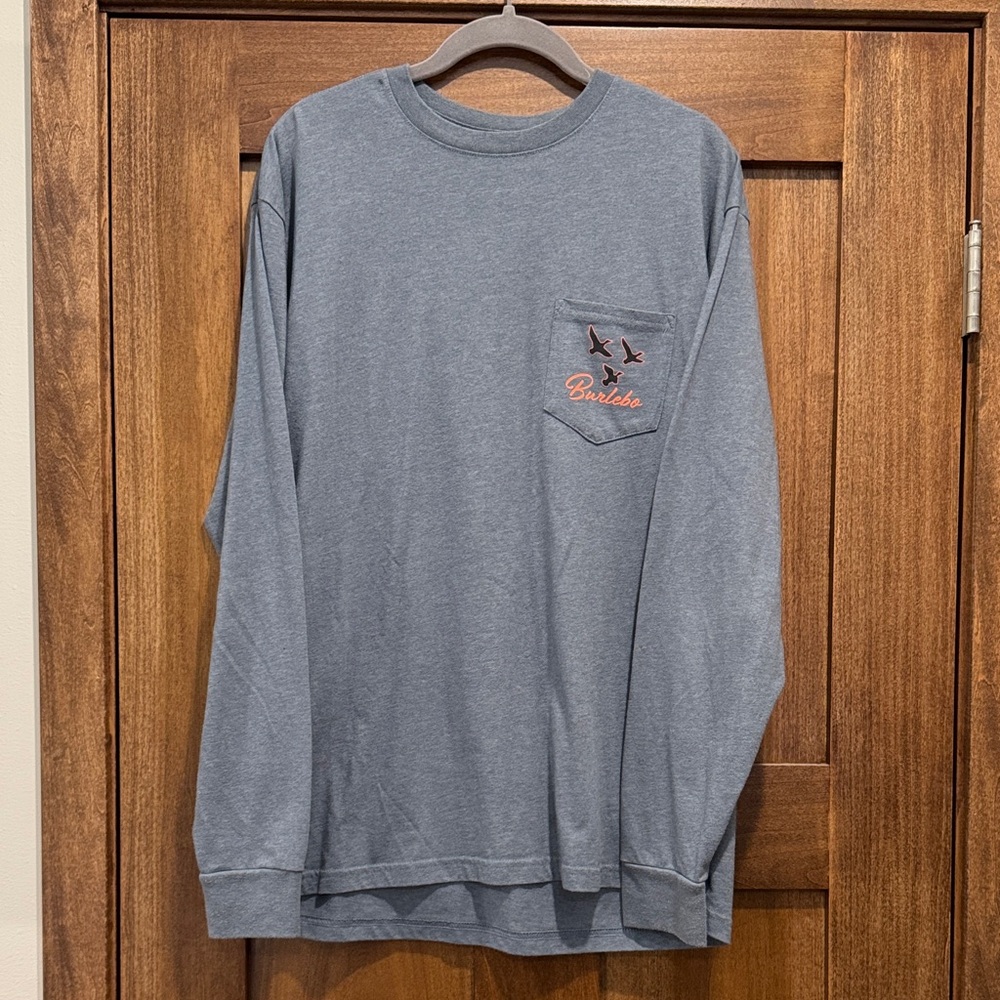 BURLEBO Long-Sleeve Pocket Tee — Dusty Blue with Orange Logo